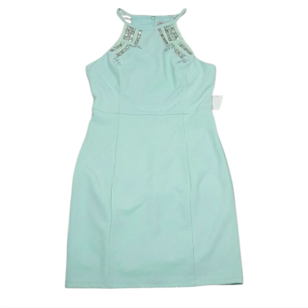 NIKIBIKI‎ Women’s  Mini Dress Light Teal Embellished Party Dress Sleeveless Glam